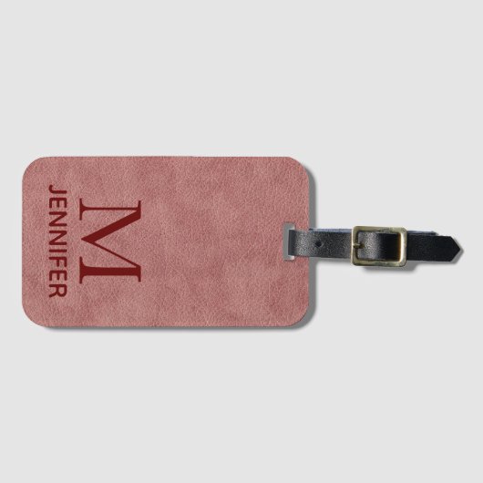 Burgundy Leather Textured Monogram Name Gepäckanhänger (Vorderseite (Horizontal))