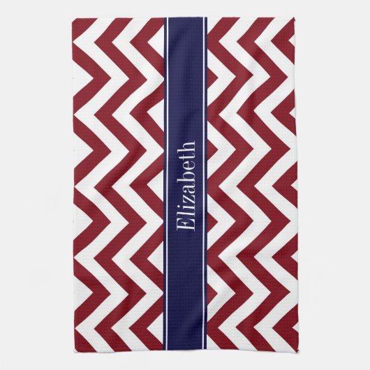 Burgundy Lg Zickzack Navy Name Monogram Geschirrtuch (Vertikal)