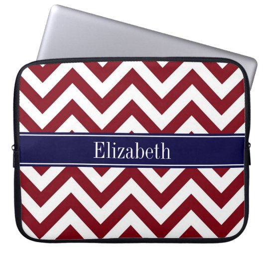 Burgundy Lg Zickzack Navy Name Monogram Laptopschutzhülle (Vorderseite)