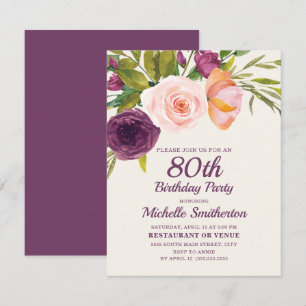 Burgundy Lila Blush Pink Floral 80. Geburtstag Karte