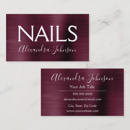 Burgundy Lila Brushed Metal Nail Salon Visitenkarte (Vorne/Hinten)