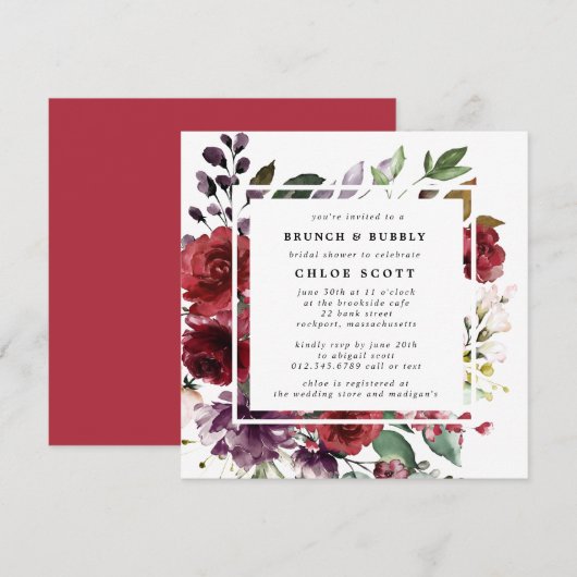 Burgundy Lila Floral Brunch Bubbly Showdusche Einladung (Vorne/Hinten)