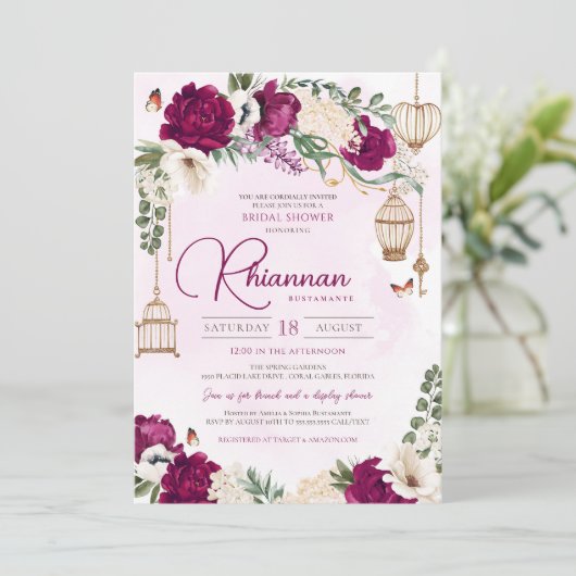 Burgundy Lila Gold Floral Elegantes Brautparty Einladung (Stehend Vorderseite)