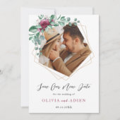 Burgundy Lila Ivory Floral Geometric Foto Save The Date (Vorderseite)