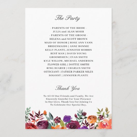 Burgundy Lila Orange Floral Wedding Programm (Rückseite)