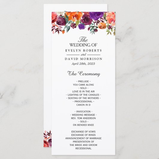 Burgundy Lila Orange Garden Blumenhochzeit Programm (Vorne/Hinten)