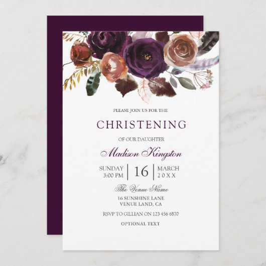 Burgundy Lila Plum Floral Christening Taufe Einladung (Vorne/Hinten)