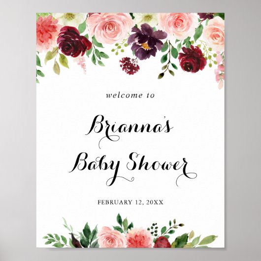 Burgundy Lila Spring Floral Baby Dusche Willkommen Poster (Vorne)