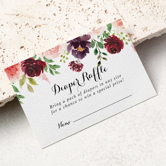 Burgundy Lila Spring Floral Diaper Raffle Ticket Begleitkarte
