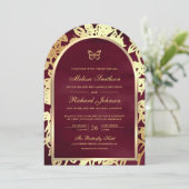 Burgundy Line Art Gold Arch Butterfly Hochzeit Einladung (Stehend Vorderseite)