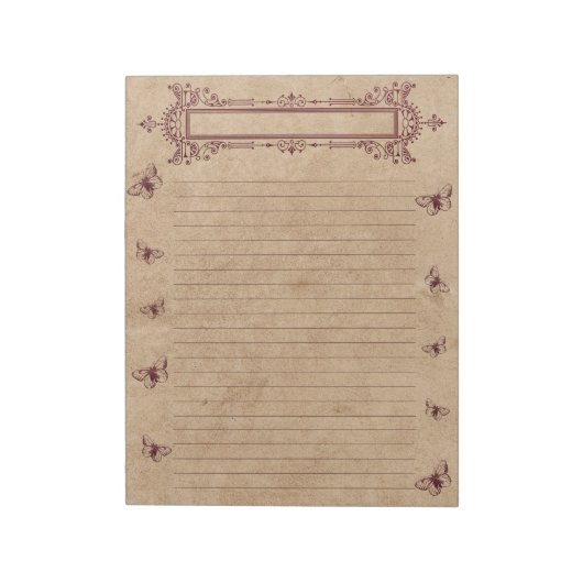 Burgundy Lines Butterfly Border Rustic Parchment Notizblock (Rotiert)
