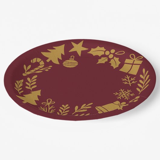 Burgundy Luxuriöse Gold Wreath Classic Weihnachten Pappteller (Schrägansicht)
