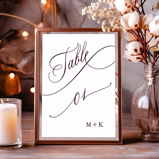 Burgundy Luxury Calligraphy Wedding Number 1, Tischnummer