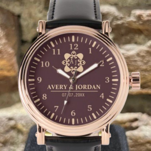 Burgundy luxury elegant couple Monogram  Armbanduhr (Von Creator hochgeladen)