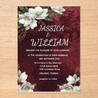Burgundy & Magnolia Garden Floral Wedding Invitati Acryleinladungen