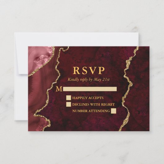 Burgundy Marble Agate Geode Wedding Gold RSVP Karte (Vorderseite)
