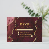 Burgundy Marble Agate Geode Wedding Gold RSVP Karte (Stehend Vorderseite)