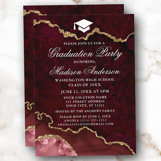 Burgundy Marble Agate Graduation Party Einladung
