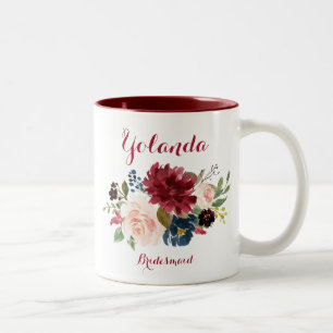 Burgundy Marine Aquarell Blumengehilfin Zweifarbige Tasse