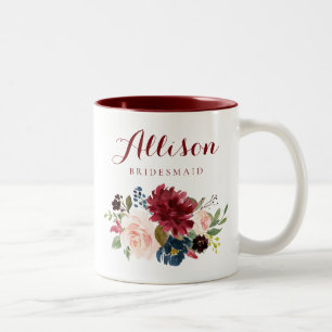 Burgundy Marine Aquarell Blumengehilfin Zweifarbige Tasse