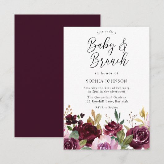 Burgundy Maroon Blume Baby & Brunch Babydusche Einladung (Vorne/Hinten)