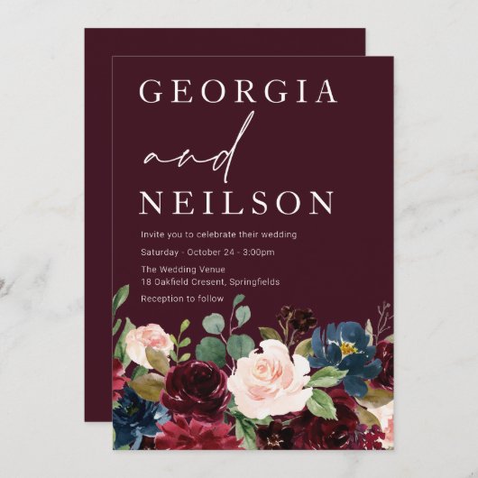 Burgundy, Maroon Botanical Fall Or Spring Wedding Einladung (Vorne/Hinten)