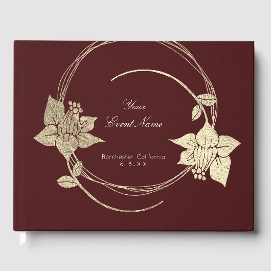 Burgundy Maroon Champaign Gold Floral Wreath Lux Gästebuch (Vorderseite)