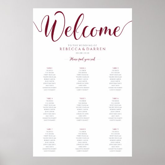 Burgundy Maroon Deep Red Seating Chart 9 Tabellen Poster (Vorne)