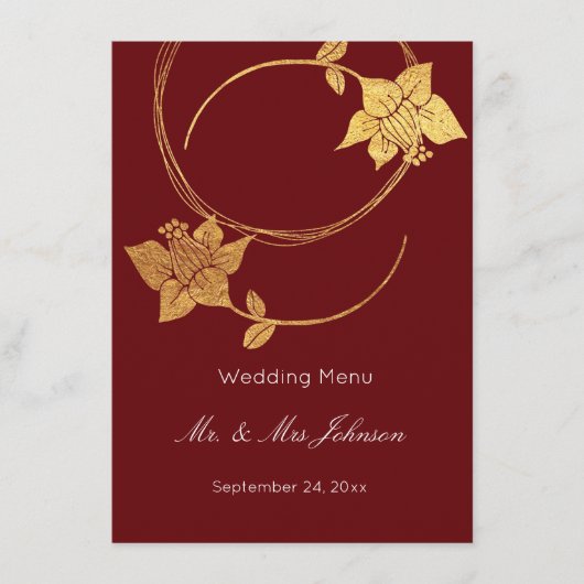 Burgundy Maroon Gold Floral Wedding Event Menu Red Menükarte (Vorderseite)