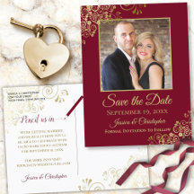 Burgundy Maroon & Gold Foto Save the Date Hochzeit
