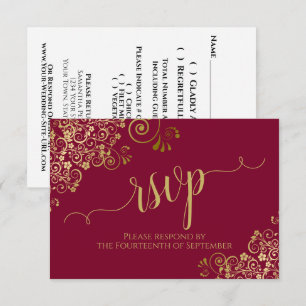 Burgundy Maroon & Gold Lace Calligraphy Wedding RSVP Karte