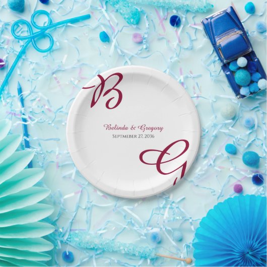 Burgundy Maroon Initials Herbst Hochzeit im Herbst Pappteller (Party)