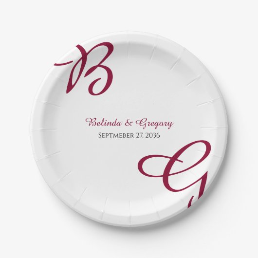 Burgundy Maroon Initials Herbst Hochzeit im Herbst Pappteller (Vorderseite)