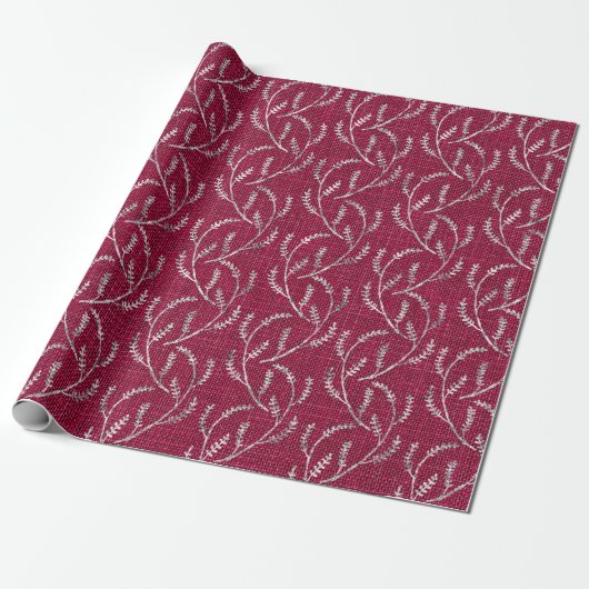 Burgundy Maroon Linen Silver Funkelnd Laurel Geschenkpapier (Ungerollt)