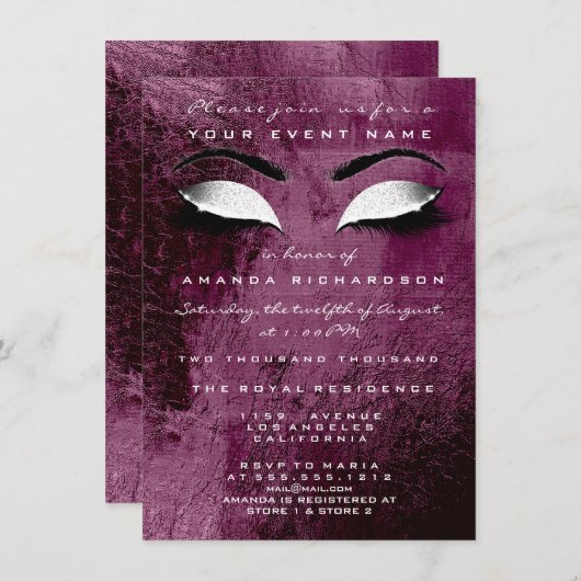 Burgundy Maroon Makeup White Glitzer 16. Bridal Einladung (Vorne/Hinten)