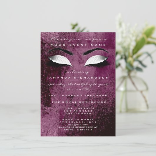 Burgundy Maroon Makeup White Glitzer 16. Bridal Einladung (Stehend Vorderseite)