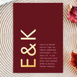 Burgundy Maroon Modern REAL GOLD Monogram Wedding Folieneinladung