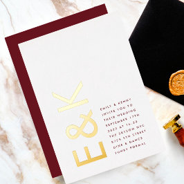 Burgundy Maroon Modern REAL GOLD Monogram Wedding Folieneinladung