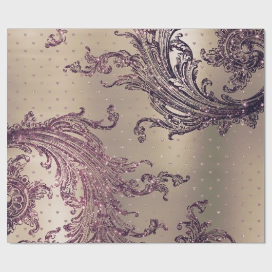 Burgundy Maroon Pink Rose Gold Royal Damask Herz Geschenkpapier (Flach)