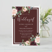 Burgundy Maroon Roter Wein & Blush Blume Hochzeit Einladung (Stehend Vorderseite)