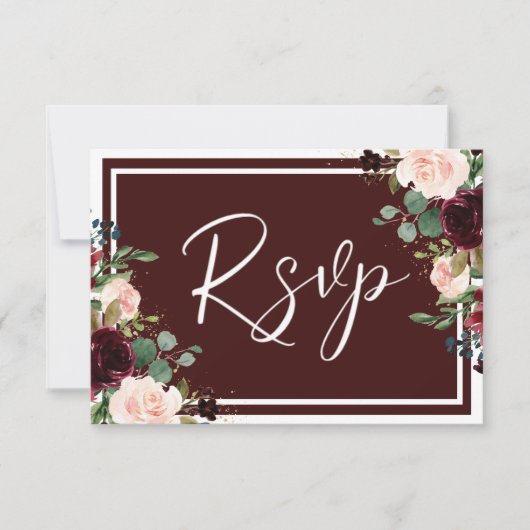 Burgundy Maroon Roter Wein & Blush Blume Hochzeit RSVP Karte (Vorderseite)