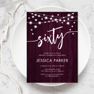 Burgundy Maroon Rustic Wood 60. Geburtstagsparty Einladung