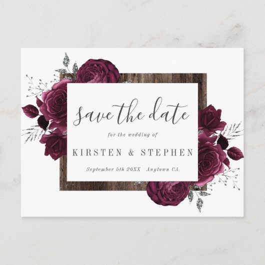 Burgundy Maroon Silver Floral Fall Save the Date Postkarte (Vorderseite)