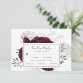 Burgundy Maroon Silver Floral Hochzeit im Herbst RSVP Karte (Stehend Vorderseite)