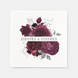 Burgundy Maroon und Silver Floral Wedding Cocktail Serviette