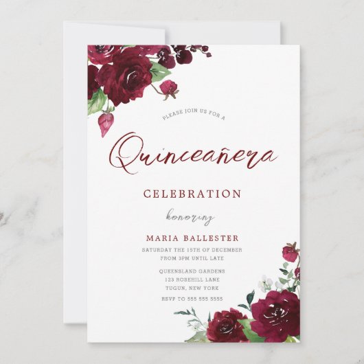 Burgundy Maroon Watercolor Blume Quinceanera Einladung (Vorderseite)