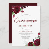 Burgundy Maroon Watercolor Blume Quinceanera Einladung (Vorne/Hinten)