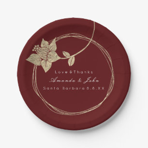 Burgundy Maroon Wedding Gold Floral Wreath Bridal Pappteller