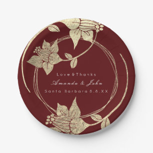 Burgundy Maroon Wedding Gold Floral Wreath Holiday Pappteller