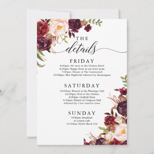 Burgundy Marsala Bachelorette Wochenende Einladung (Rückseite)